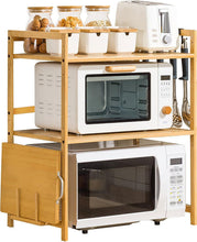 Load image into Gallery viewer, Microwave Shelf, 2 Levels, Bamboo Microwave Stand, Microwave Holder with 4 Hooks and Chopping Board Stand, Multifunctional Wooden Microwave Holder for Kitchens, 35 cm x 55 cm x 67 cm