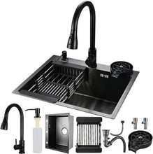 Load image into Gallery viewer, Multifonction Noir Evier Cuisine Inox Professionnel Évier Simple 55 * 45CM avec Robinet Rétractable Distributeur de Savon Lave-gobelet et Kit de Plomberie Complet