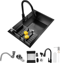 Load image into Gallery viewer, Kitchen Sink, Black, 68 x 45 cm, Stainless Steel Kitchen Sink, 1 Basin, Built-in Sink, with Soap Dispenser, Drain Set, Tap and Drain Rack, Kitchen Sink (Black)