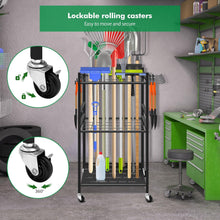 Load image into Gallery viewer, Garden tool rack with movable hooks and lockable wheels, easy storage of tool accessories in the garden, garage thanks to 360° swivel wheels
