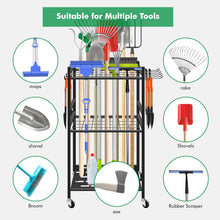 Load image into Gallery viewer, Garden tool rack with movable hooks and lockable wheels, easy storage of tool accessories in the garden, garage thanks to 360° swivel wheels