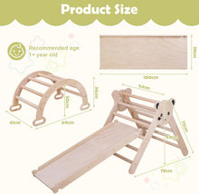 Load image into Gallery viewer, Struttura da arrampicata per bambini Struttura da arrampicata in legno arcobaleno per interni Scala da arrampicata triangolare pieghevole con rampa scorrevole e arco