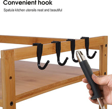Load image into Gallery viewer, Microwave Shelf, 2 Levels, Bamboo Microwave Stand, Microwave Holder with 4 Hooks and Chopping Board Stand, Multifunctional Wooden Microwave Holder for Kitchens, 35 cm x 55 cm x 67 cm