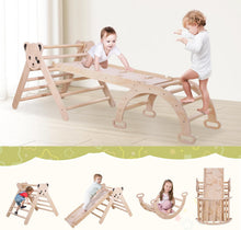 Load image into Gallery viewer, Struttura da arrampicata per bambini Struttura da arrampicata in legno arcobaleno per interni Scala da arrampicata triangolare pieghevole con rampa scorrevole e arco