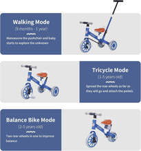 Load image into Gallery viewer, 3-in-1 Tricycle, Tricycle with Push Bar, from 9 Months, Balance Bike and Children's Tricycle, Toddler Bicycle for Boys and Girls, Toddler Tricycle with Parent Sliding Handle, Toddler