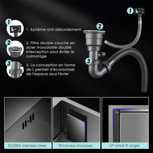 Load image into Gallery viewer, Multifonction Noir Evier Cuisine Inox Professionnel Évier Simple 55 * 45CM avec Robinet Rétractable Distributeur de Savon Lave-gobelet et Kit de Plomberie Complet