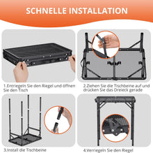 Load image into Gallery viewer, Portable BBQ Table 58 x 40 cm, Camping Table, Outdoor Foldable with 3 Heights, Adjustable (26/48/70 cm), Folding Table with Mesh Desktop, Easy to Assemble, Multifunctional Table for Picnic