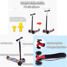 Load image into Gallery viewer, Trottinette Enfant 3 Roues LED en PU Pliable/Détachable, Hauteur Réglable de 77-87CM, Patinette Filles/Garçons Frein Arrière avec Grafitti pour Les Enfants 3-12 Ans