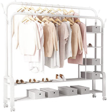 Load image into Gallery viewer, Perchero Burro Independiente de Doble Varilla Estante para Colgar Ropa de Dormitorio Multifuncional con Ruedas 150 x 50 x 162 CM