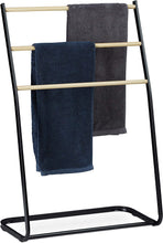 Load image into Gallery viewer, Noir Porte pieds, échelle, escalier 3 barres, métal bois support serviette bain, 86x58x30 cm, fer, 1 élément