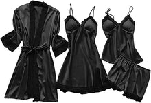 Load image into Gallery viewer, Women's Pyjama Set 4 Piece Set Satin Nightdress Shorts Pyjamas Lace Sleepwear Sexy Silk Night Dress Negligee Robe