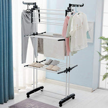 Load image into Gallery viewer, Etendage à Linge Séchoir à Linge Etendoir à Linge Séchoir à vêtements 4 étages 4 Roues Ailes latérales Tubes en acier inoxydable Stockage Inferieur pour chaussures