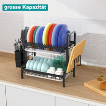 Load image into Gallery viewer, Egoutoire Vaisselle Cuisine Noir, 2 Étages Egouttoir Vaisselle INOX avec Égouttoir Et Support pour Couverts, Planche À Découper sur Évier, Égouttoir À Vaisselle pour Assiette