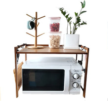 Load image into Gallery viewer, Micro-Ondes Rack, 2 Couches Support de Four à Micro-Ondes en bambou, Ajustable Etagere Rangement Cuisine avec 4 Crochets Et Support de Planche à Découper