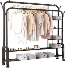 Load image into Gallery viewer, Perchero Burro Independiente de Doble Varilla Estante para Colgar Ropa de Dormitorio Multifuncional con Ruedas 150 x 50 x 162 CM
