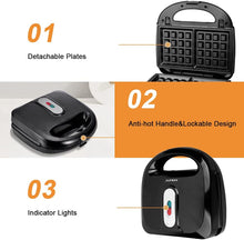 Load image into Gallery viewer, 7-in-1 750 W sandwich maker, sandwich toaster with non-stick coating, waffle iron with 7 removable plate sets, waffle maker with indicator light and heat-insulated handle toaster