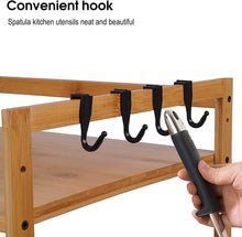 Load image into Gallery viewer, Soporte Microondas de Bambú, Estante para Horno de Microondas, Estante de Cocina de 2 Niveles con 4 Ganchos, Estantería Cocina Altura Ajustable