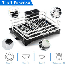 Load image into Gallery viewer, Dish Drainer Dish Rack with Drip Tray and Cutlery Basket, Aluminium Dish Rack, Large Dish Drainer Cup Hanger for Plates, Cups, Cutlery, Silver, 42 x 30 x 11 cm