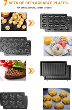 Load image into Gallery viewer, 7-in-1 750 W sandwich maker, sandwich toaster with non-stick coating, waffle iron with 7 removable plate sets, waffle maker with indicator light and heat-insulated handle toaster