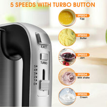 Load image into Gallery viewer, Elektrischer Handmixer Edelstahl 400 W - Handrührer mit 5 Geschwindigkeiten inkl. Turbofunktion Edelstahl - inkl. 2 Knethaken aus Edelstahl – ergonomisches Gehäuse – Thermosicherung