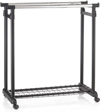 Load image into Gallery viewer, Portant à vêtements Grosso penderie Double sur roulettes vestiaire Mobile avec 2 Barres de Hauteur réglable et Une Tablette de Rangement, en métal chromé et Plastique Noir