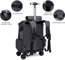 Load image into Gallery viewer, Mochila de viaje, bolsa de transporte con ruedas para perro, gato, maleta con ruedas para mascotas, asa telescópica, para viaje, camping, senderismo en tren, coche o avión (negro)