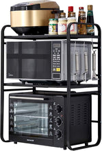 Load image into Gallery viewer, Extendable Microwave Shelf, Microwave Oven Rack, 2 Levels, Microwave Rack with 3 Hooks, Kitchen Table Shelf Made of Carbon Steel, Mini Oven Holder for Small Kitchen