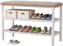 Load image into Gallery viewer, Banc à chaussures, étagère à chaussures à 3 niveaux avec siège rembourré et cadre en acier, pour entrée, couloir, salon, meuble d'appoint industriel.