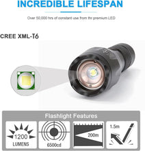 Load image into Gallery viewer, Rechargeable LED Flashlight, CREE 1200 lumens XML-T6, Military Powerful Tactical Lamp, 5 Modes Adjustable Intensity Zoomable Waterproof, 18650 Rechargeable Battery Included, Camping Hiking Travel