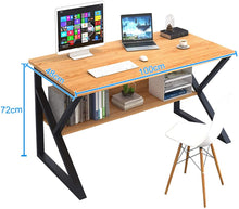 Load image into Gallery viewer, Plasaig Bureau d'ordinateur compact et étanche avec clapier, en bois pour les petits espaces, pieds de table en forme de K 100 x 48 x 72 cm (bois de poirier jaune)
