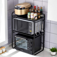 Load image into Gallery viewer, Extendable Microwave Shelf, Microwave Oven Rack, 2 Levels, Microwave Rack with 3 Hooks, Kitchen Table Shelf Made of Carbon Steel, Mini Oven Holder for Small Kitchen