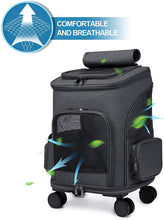 Load image into Gallery viewer, Mochila de viaje, bolsa de transporte con ruedas para perro, gato, maleta con ruedas para mascotas, asa telescópica, para viaje, camping, senderismo en tren, coche o avión (negro)