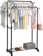 Load image into Gallery viewer, Self-Supporting Steel Coat Stand Multifunctional Double RodsClothes Rack with Wheels Tube Coated in Black Stainless Steel