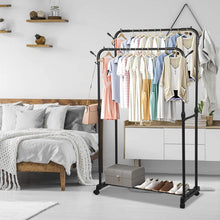 Load image into Gallery viewer, Self-Supporting Steel Coat Stand Multifunctional Double RodsClothes Rack with Wheels Tube Coated in Black Stainless Steel