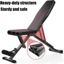 Load image into Gallery viewer, Banc de musculation pliable, banc d'entraînement multifonctionnel, dossier 7 positions + coussin de siège réglable en 4 directions, banc d'exercice à domicile, banc de musculation jusqu'à 250 kg