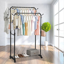 Load image into Gallery viewer, Self-Supporting Steel Coat Stand Multifunctional Double RodsClothes Rack with Wheels Tube Coated in Black Stainless Steel