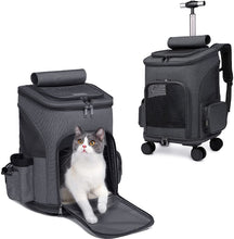 Load image into Gallery viewer, Mochila de viaje, bolsa de transporte con ruedas para perro, gato, maleta con ruedas para mascotas, asa telescópica, para viaje, camping, senderismo en tren, coche o avión (negro)