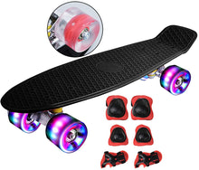 Load image into Gallery viewer, Skateboard mit Schutzausrüstung,Mini Cruiser Retro Board für Kinder Jungenliche Mädchen Erwachsenen, LED Leuchtrollen 56x15cm Komplettboard