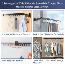 Load image into Gallery viewer, Wall-Mounted Clothes Rack 90 cm, Retractable Clothes Airer with 12 Hooks and Towel Holder for Balcony, Laundry, Bathroom, Bedroom