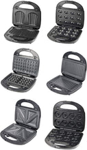 Load image into Gallery viewer, Multifunctional Device Toaster 6-in-1, 750 W Sandwich Machine, Waffle Iron, Paninis Press, Non-Stick & Interchangeable, Black