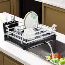 Load image into Gallery viewer, Dish Drainer Dish Rack with Drip Tray and Cutlery Basket, Aluminium Dish Rack, Large Dish Drainer Cup Hanger for Plates, Cups, Cutlery, Silver, 42 x 30 x 11 cm