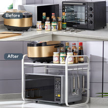 Load image into Gallery viewer, Extendable microwave shelf, microwave oven rack 1 level, microwave rack with 3 hooks, kitchen table shelf made of carbon steel, mini oven holder for kitchen