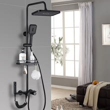 Load image into Gallery viewer, Système de Colonne de Douche Noire en Cuivre, Hauteur Réglable Pour Salle de Bain, Ensemble de Douche avec Étagères et Crochets, Mutlipes modes de douche, Douche de Tête 315x210mm
