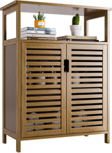 Load image into Gallery viewer, Bathroom Cabinet, Floor Standing Kitchen Cabinet with Doors and 2 Open Shelves, Side Storage, Bamboo, Walnut
