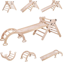 Load image into Gallery viewer, Struttura da arrampicata per bambini Struttura da arrampicata in legno arcobaleno per interni Scala da arrampicata triangolare pieghevole con rampa scorrevole e arco
