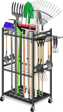 Load image into Gallery viewer, Garden tool rack with movable hooks and lockable wheels, easy storage of tool accessories in the garden, garage thanks to 360° swivel wheels
