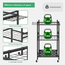 Load image into Gallery viewer, Garden tool rack with movable hooks and lockable wheels, easy storage of tool accessories in the garden, garage thanks to 360° swivel wheels
