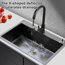 Load image into Gallery viewer, Kitchen Sink, Black, 68 x 45 cm, Stainless Steel Kitchen Sink, 1 Basin, Built-in Sink, with Soap Dispenser, Drain Set, Tap and Drain Rack, Kitchen Sink (Black)
