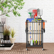 Load image into Gallery viewer, Garden tool rack with movable hooks and lockable wheels, easy storage of tool accessories in the garden, garage thanks to 360° swivel wheels
