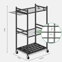 Load image into Gallery viewer, Garden tool rack with movable hooks and lockable wheels, easy storage of tool accessories in the garden, garage thanks to 360° swivel wheels
